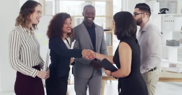 Pessoas Reunião Apertar Mãos Para Negócios Acordo B2B Fusão Colaboração — Vídeo de Stock