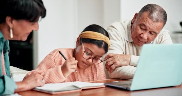 Grandparents Homework Child Notes Laptop Living Room Communication Tips Relax — Stock Video