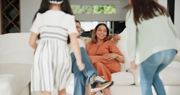 Family Hug Conversation Couch Happy Smiling Home Sofa Bonding Together — Stock Video
