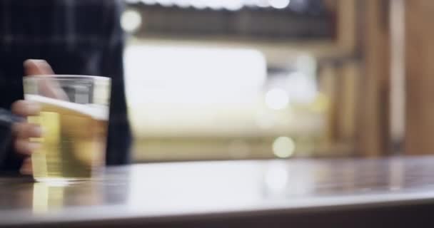 Bira Bardağıyla Alkolle Barmenle Bir Restoranda Bira Içip Gülümse Müşteri — Stok video
