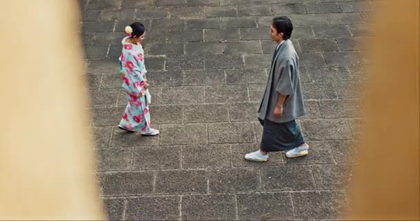 Japaner Båge Och Traditionella Kläder Med Hallå Ovanifrån Med Respekt — Stockvideo
