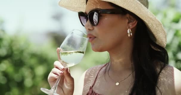 Farma Degustacja Wina Młoda Kobieta Przyrodzie Pijąca Latem Napój Alkoholowy — Wideo stockowe