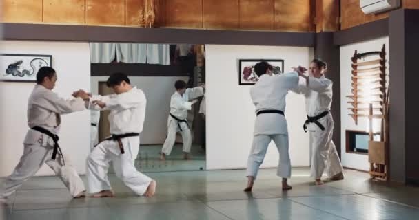 Studenci Karate Lub Osoby Uczące Się Dojo Fitness Sztuki Walki — Wideo stockowe