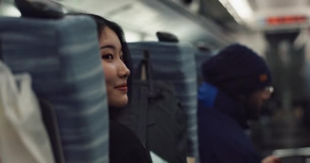Smile Face Young Asian Woman Train Public Transportation Work City — Stock Video