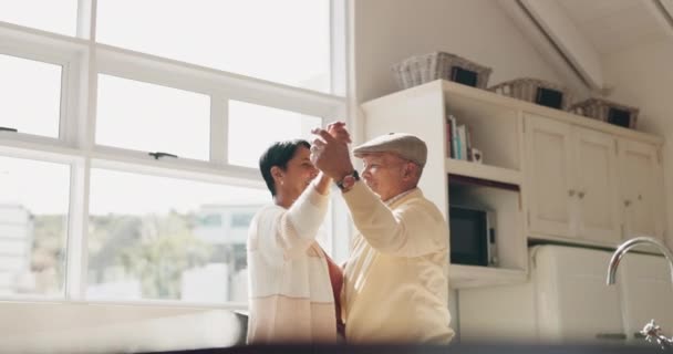 Kitchen Mature Happy Couple Slow Dancing Twirl Enjoy Fun Quality — Stock Video