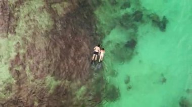 Okyanus, mercan resifi ve su, özgürlük ve tropikal tatille drone 'lardan şnorkelle yüzen çift. Dalış, macera ya da rahatlama havadan bakıldığında insanlar sabah denizde birlikte yüzüyorlar.