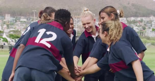 团队建设 妇女在赛场 比赛或竞赛中与团队合作 橄榄球 健身和女子俱乐部 双手放在草地上 有运动 锻炼和锻炼的动机 — 图库视频影像