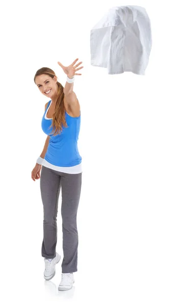 Šťastná Žena Portrét Házení Ručník Fitness Izolované Bílém Pozadí Studia — Stock fotografie