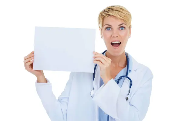 Médico Mulher Surpresa Retrato Cartaz Para Publicidade Informações Cuidados Saúde — Fotografia de Stock