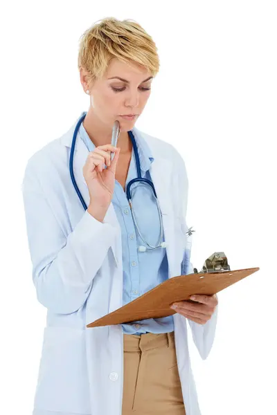 Mujer Médico Pensamiento Con Documentos Estudio Para Lista Verificación Médica —  Fotos de Stock