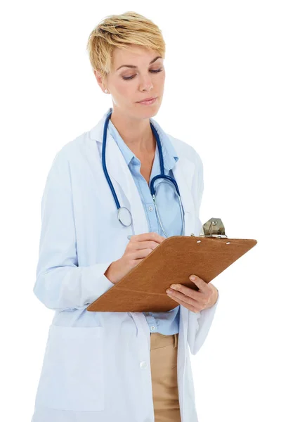 Mujer Médico Escrito Con Documentos Estudio Para Lista Verificación Médica —  Fotos de Stock