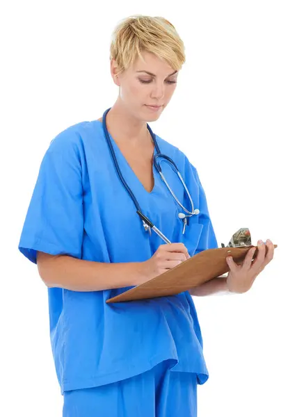Mujer Enfermera Escritora Con Documentos Estudio Para Lista Verificación Médica —  Fotos de Stock