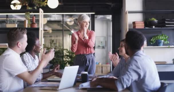 Mulher Líder Equipe Reunião Empresários Aplaudem Celebram Elogiam Sucesso Colaboração — Vídeo de Stock