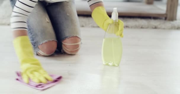Person Hands Cleaning Cloth Spray Bottle Home Shine Floors Disinfection — Stock Video