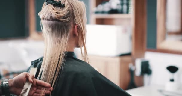 Догляд Волоссям Жінкою Перукарем Зачіскою Перукарні Єму Лікування Або Догляду — стокове відео