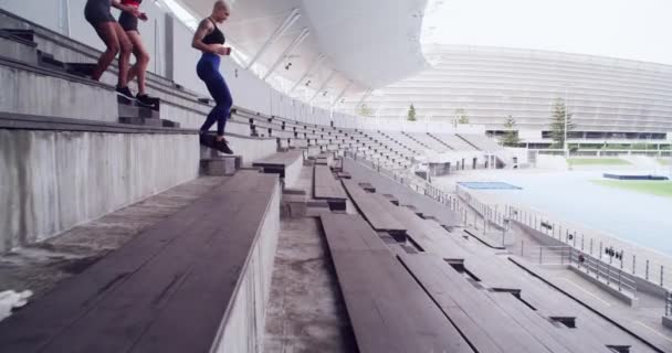 フィットネス スタジアムの階段 カーディオプラクティス 屋外トレーニング スポーツチームのコミットメントのために実行している人 アリーナ コンクリートステップ アスリートパートナー ランナー 女性トレーニング — ストック動画