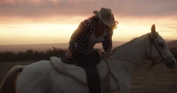 Cowgirl Nyereg Lovon Naplementében Utazás Lovaglás Vagy Szállítás Vidéken Női — Stock videók