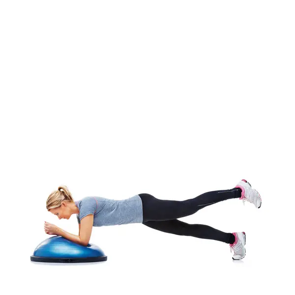 Kvinna Liggande Eller Planking Bosu Boll För Träning Träning Eller — Stockfoto
