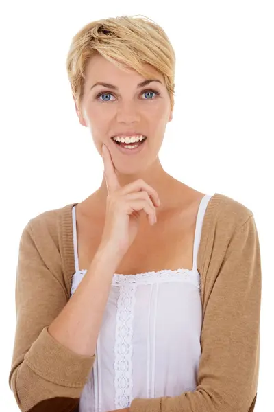 Lycklig Kvinna Ansikte Och Tänkande Med Idé För Beslut Eller — Stockfoto