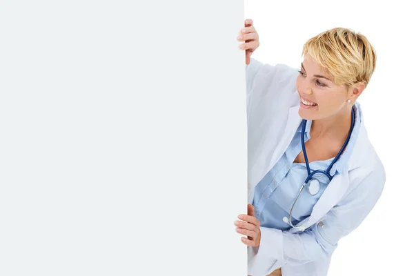 Врач Женщина Плакат Рекламы Медицинской Информации Борту Маркетинга Белом Фоне — стоковое фото