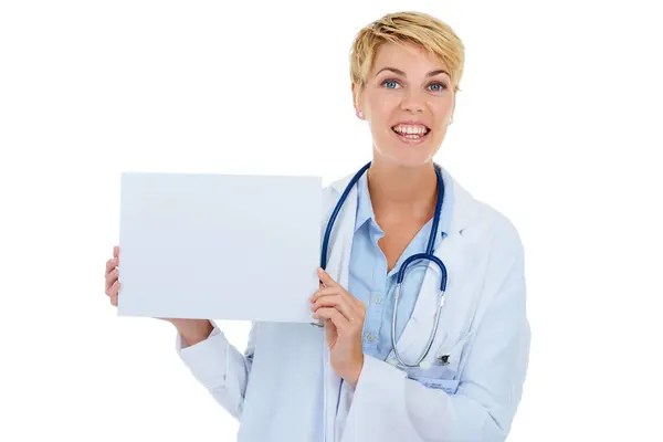 Médico Mulher Sorriso Retrato Cartaz Para Publicidade Informações Saúde Com — Fotografia de Stock