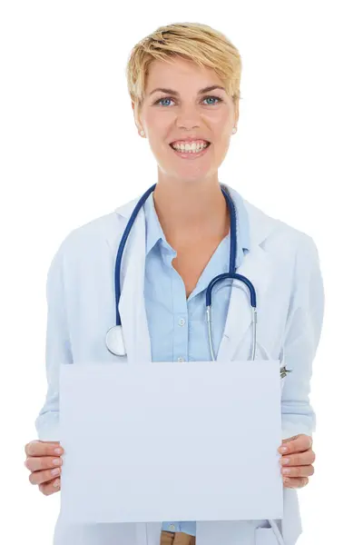 Médico Mujer Feliz Retrato Póster Publicidad Información Sanitaria Con Pizarra —  Fotos de Stock