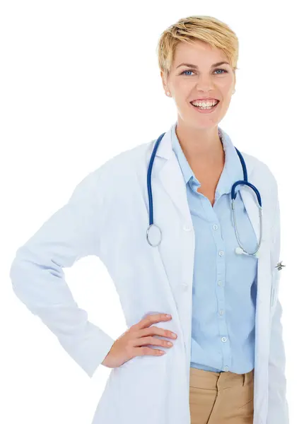 Médico Mulher Posar Retrato Para Saúde Confiante Feliz Com Médico — Fotografia de Stock