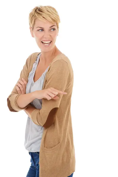 Lycklig Kvinna Peka Och Reklam Eller Marknadsföring Mode Vit Studio — Stockfoto