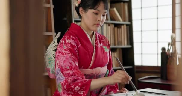 Mujer Japonesa Escritura Caligrafía Para Poesía Tradicional Creatividad Arte Con — Vídeo de stock