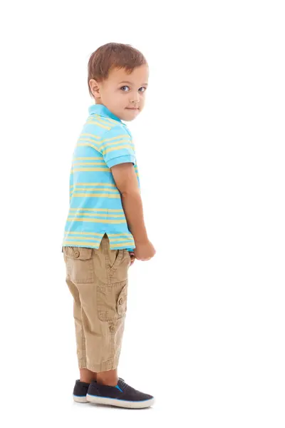 Çocuk Portre Stüdyo Beyaz Arka Planda Hata Model Geliştirme Erkek — Stok fotoğraf