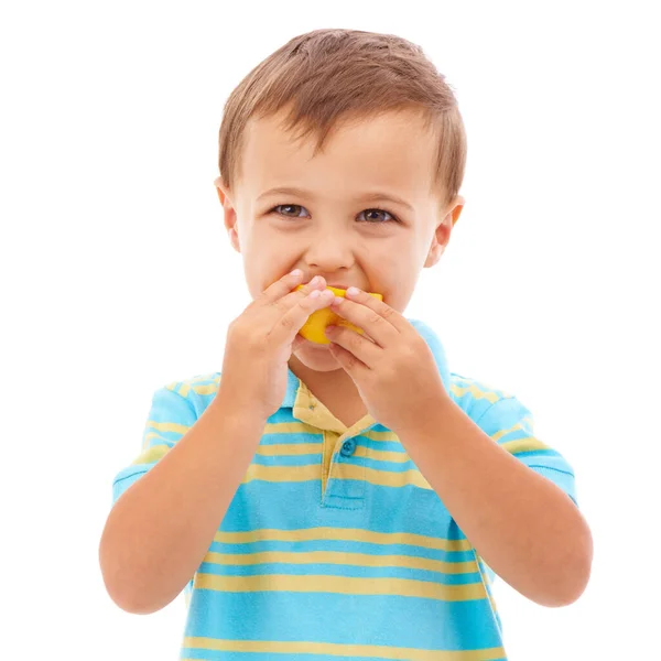 Lapsi Syöminen Muotokuva Sitruunalla Tai Hedelmillä Valkoisella Taustalla Studiossa Mallitilassa — kuvapankkivalokuva