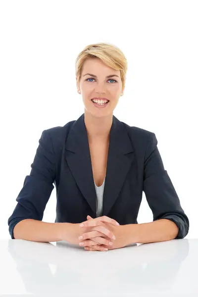 Wywiad Kwalifikacyjny Białe Tło Lub Portret Szczęśliwej Bizneswoman Przy Biurku — Zdjęcie stockowe