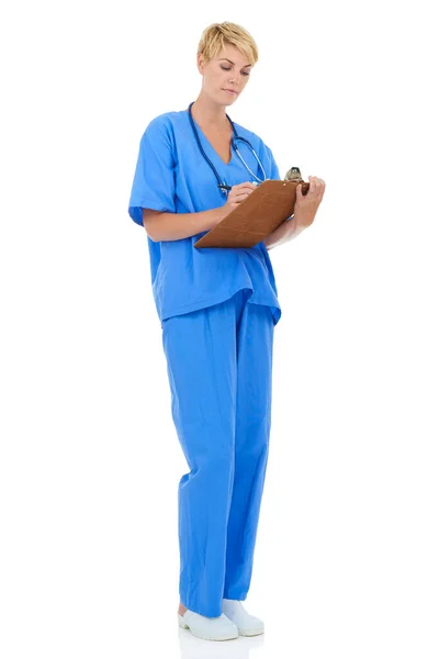 Médico Enfermeiro Redação Com Documentos Estúdio Para Check List Médico — Fotografia de Stock