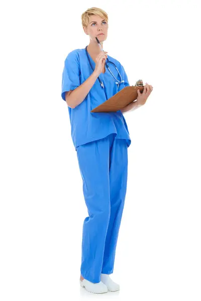 Mulher Pensamento Enfermeiro Documentos Estúdio Para Pesquisa Médica Avaliação Lista — Fotografia de Stock