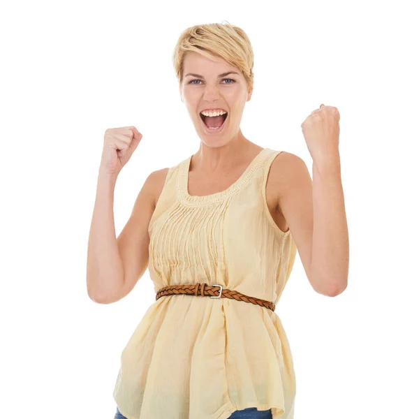 Happy Woman Portrait Fist Pump Celebration Winning Good News White — Stock Photo, Image