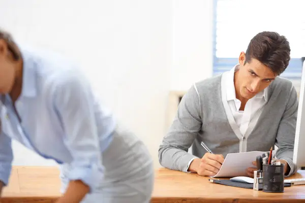 Sexual Harassment Businessman Checking Body Employee Office Working Coworker Looking — Stock Photo, Image