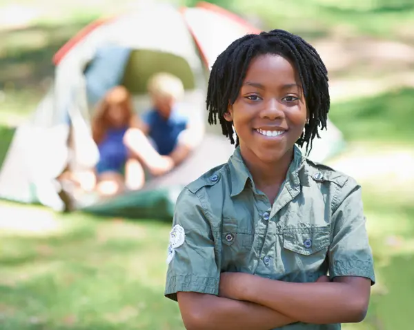 Child Portrait Smile Adventure Campground Happy Relaxing Vacation Holiday Black — Stock Photo, Image