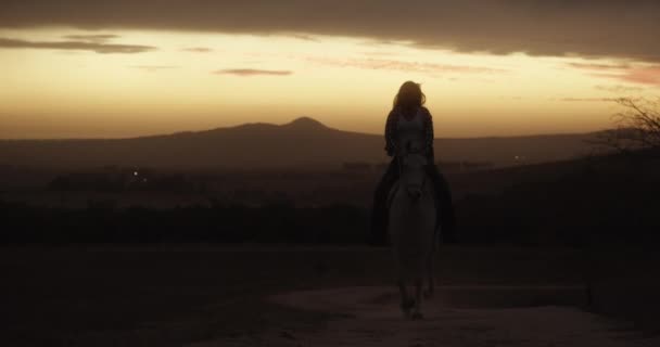 Kadın Kovboy Gün Batımında Doğada Seyahat Taşımacılık Için Kırsalda Ata — Stok video