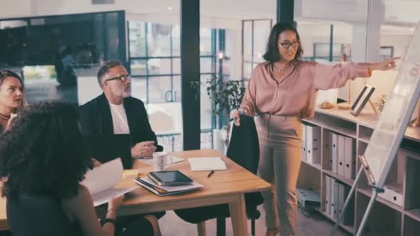 Presentationsmöte Whiteboard Och Företagskvinnokonsultation Feedback Från Agenturer Affärsplan Eller Säljargument — Stockvideo