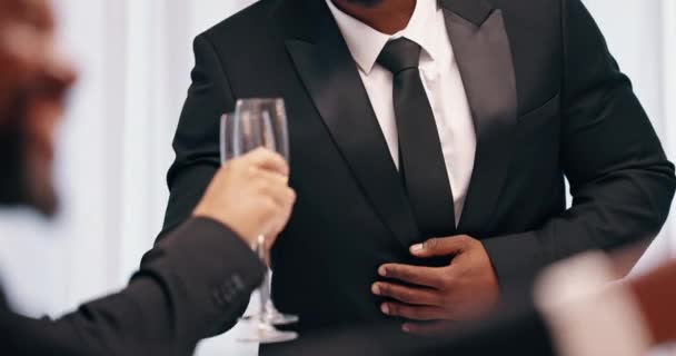 イベント お祝い またはアルコール飲料との社会的集会で乾杯する人 メガネ シャンパン ハンド トーストやパーティーのアルコールドリンク ワインでお祝い ブラックタイガーでお祝い — ストック動画