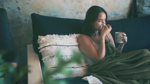 Woman Sickness Blowing Nose Couch Tissue Virus Infection Blanket Cold — Stock Video