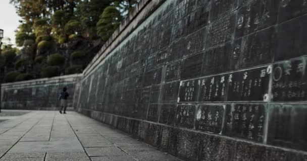 Женщина Храме Японии Ходит Стене Читает Каллиграфию Наритасан Синсёдзи Японская — стоковое видео