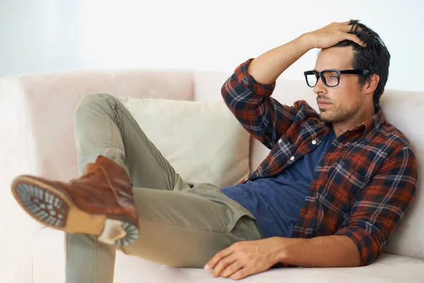 Stress Thinking Man Anxiety Sofa Home Depression Crisis Mental Health — Stock Photo, Image