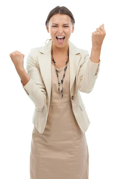 Excited Woman Portrait Celebration Winning Bonus Promotion White Studio Background Stock Image