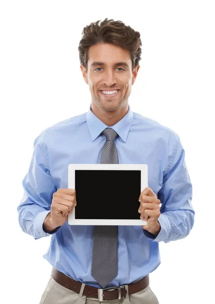 Retrato Homem Negócios Tela Tablet Publicidade Estúdio Para Acordo Oferta — Fotografia de Stock