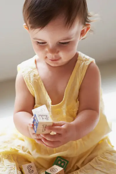Baby Playing Toys Living Room Floor Building Blocks Sensory Growth — Stock Photo, Image