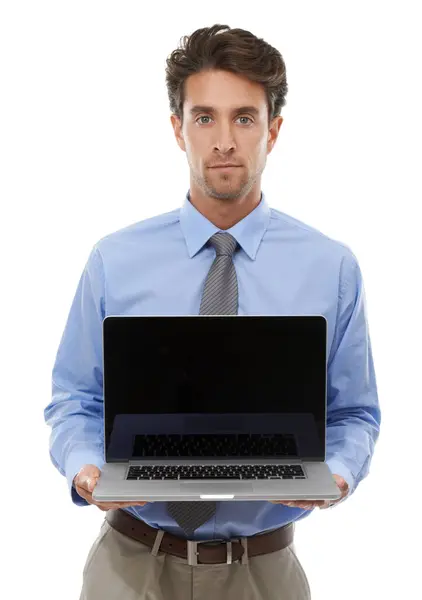 Portrait Geschäftsmann Und Werbung Laptop Bildschirm Für Deal Angebot Oder — Stockfoto