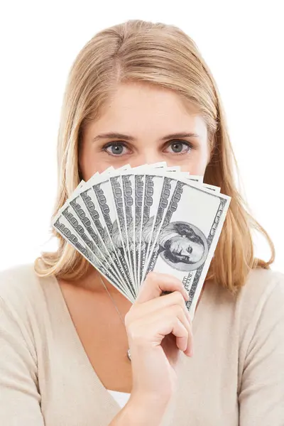 Tvář Oči Žena Cash Fan Bonus Úspěch Nebo Odměnu Cashback — Stock fotografie