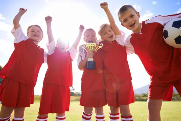 Celebration Soccer Team Children Cup Young Smile Victory Support Proud Royalty Free Stock Images