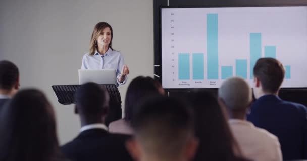 Előadás Felszólaló Közönség Kérdéssel Grafikon Képernyőn Tájékoztatással Konferenciával Üzleti Találkozó — Stock videók